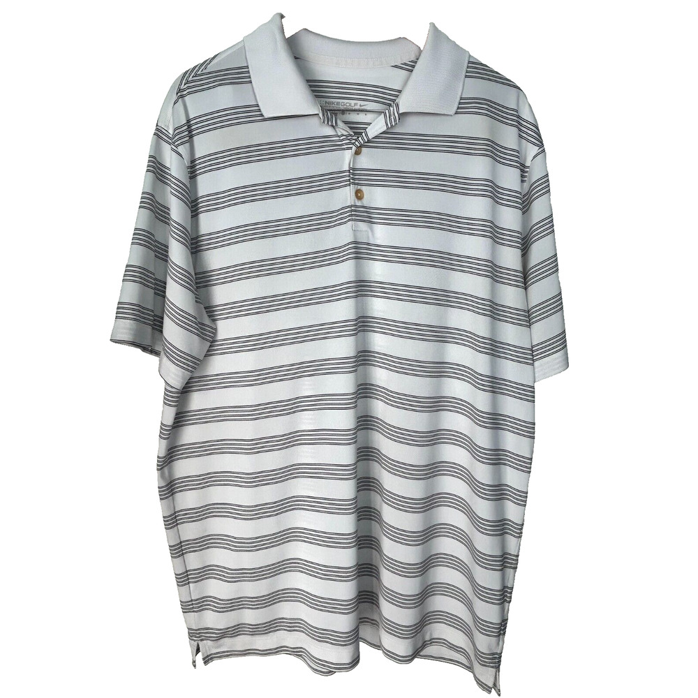 Nike Golf Polo Shirt Mens XL White Black Striped Dri Fit Short Sleeve Collar
